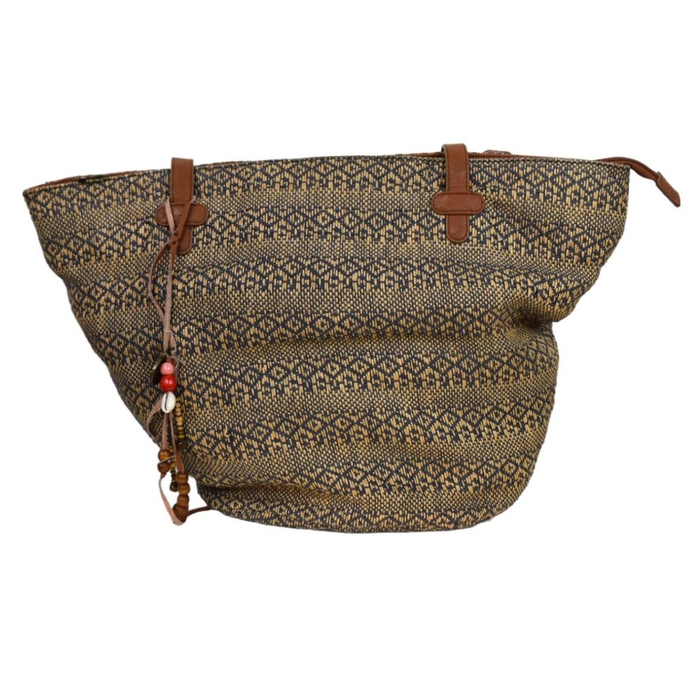 Roxy Tote Bag Printed Travel Paper Straw Shoulder Strap Large Zipper Closure